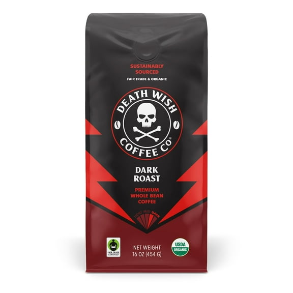 Death Wish Coffee, Organic and Fair Trade, Dark Roast, Whole Bean Coffee, 16oz