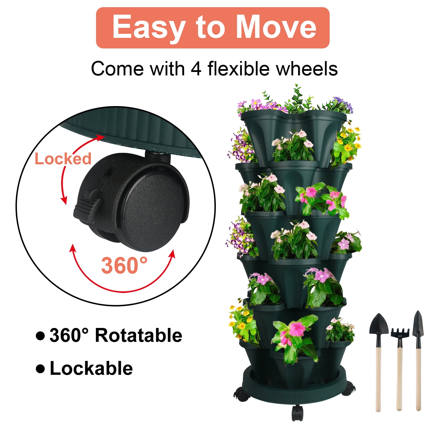 5 Tier Stackable Vertical Planter with Rolling Plant for Growing Strawberries, Herbs, Vegetables, Flowers, Indoor/Outdoor Porch Decor