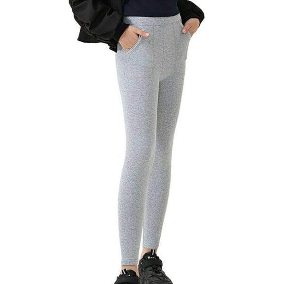 Lenpel Leggings for Girls Toddlers Cotton High Waisted Stretchy Slim Yoga Pants Kids Basic Casual Tights with Pockets(Gray,14-15 Years)