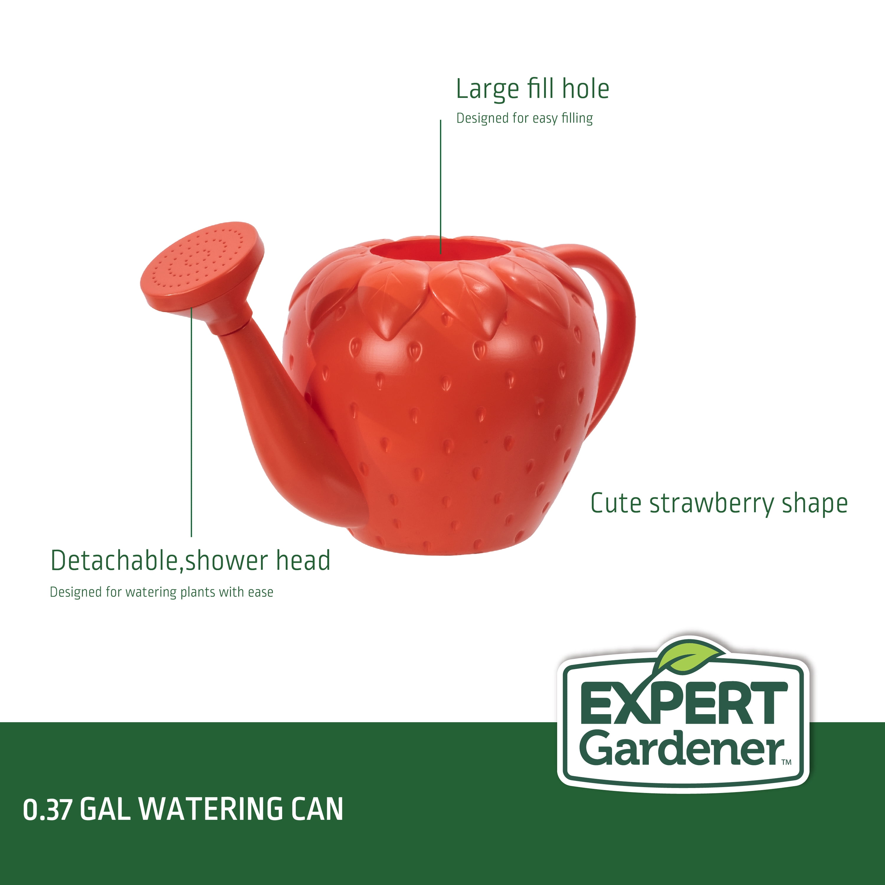 Expert Gardener Kids Watering Can, Pink Strawberry, 0.37 gal, Durable Plastic