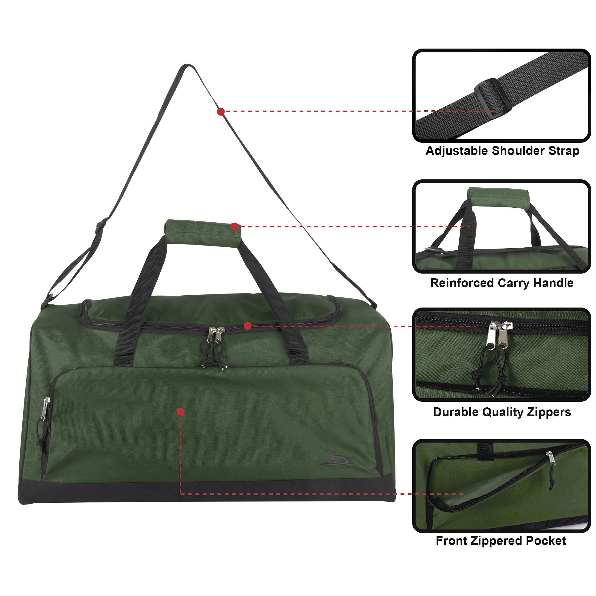 24 Pack 55 Liter Capacity Unisex Duffel Bags with Handle and Luggage Shoulder Strap for Gym, Travel and Commuting in Hunter Green
