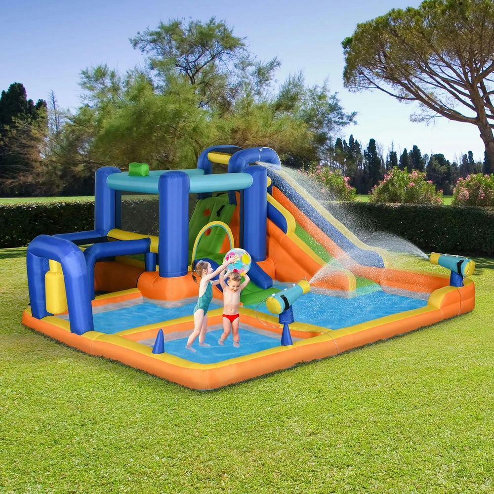 Topcobe 7 in 1 Water Slide w/ Slide Pool Climbing Wall Water Cannon Basketball Hoop Boxing Post Football Stand for 3-8 Years, Kids Bounce House for Kids Backyard Activity