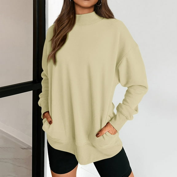 PNTUTB Fashion Women Crewneck Long Sleeve Hoodless Sweatshirts Solid Color Pockets Loose Pullover Clothes