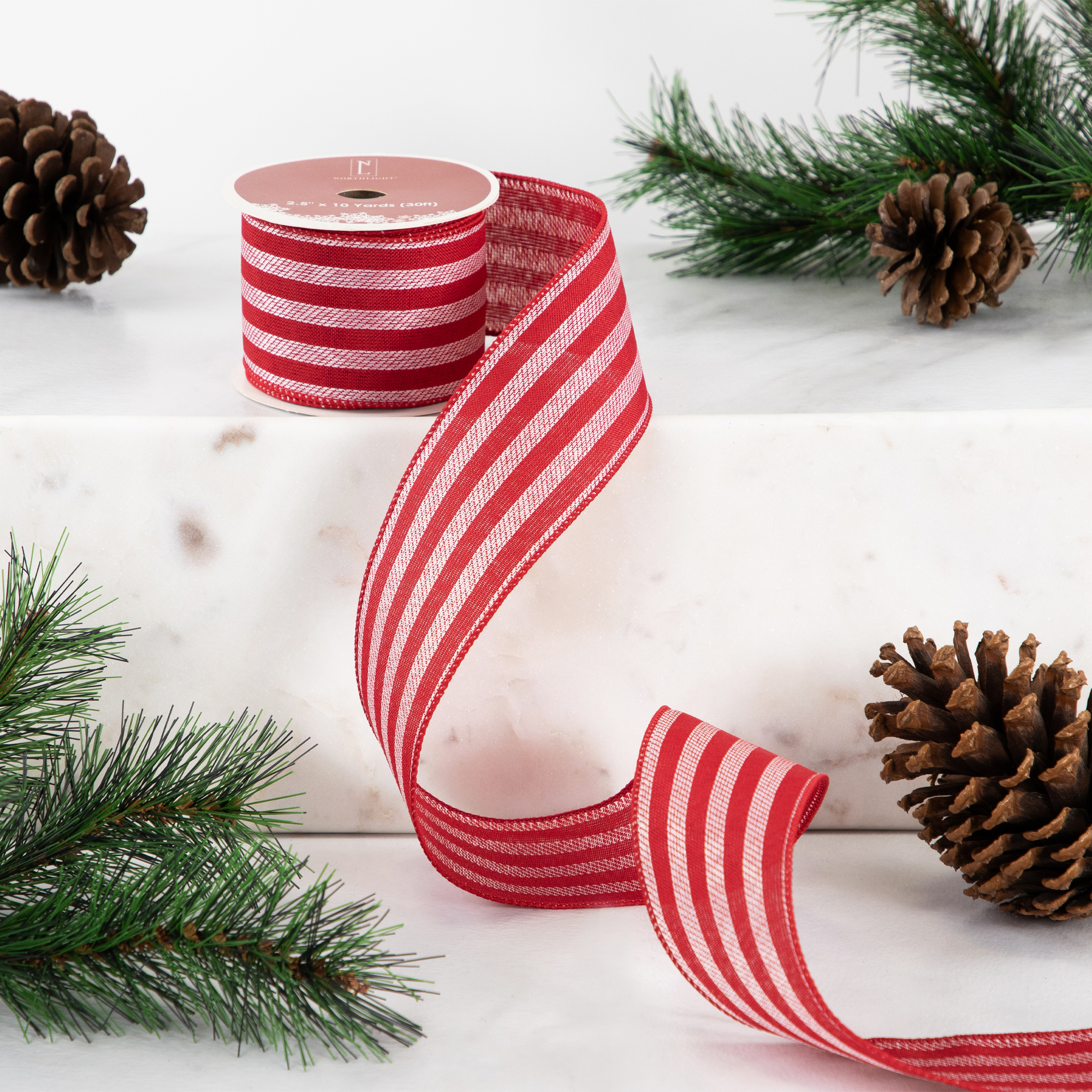 Northlight Red and White Striped Wired Craft Christmas Ribbon 2.5" x 10 Yards