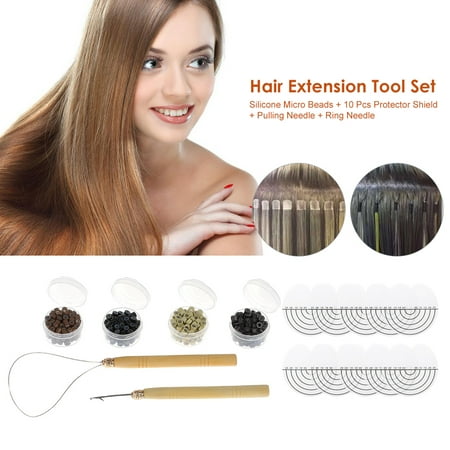 Hair Needle - Hair Extension Tool Set 400Pcs Silicone Micro Beads + 10 Pcs Protector Shield + Pulling Needle + Ring Needle Hairdressing Makeup Kits