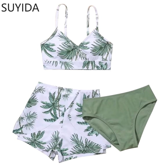 Girls Swimsuit Size 7 Cute Ruffle Girls Bikini Tie-Straps Tankini with Shorts 3 Piece Color Block Girls Bathing Suit size 6