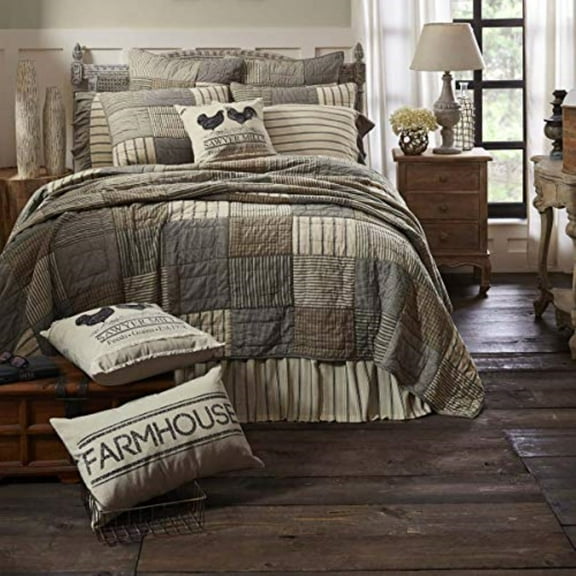 Charcoal Grey Farmhouse Bedding Miller Farm Charcoal Cotton Pre-Washed Patchwork Chambray Luxury King Quilt