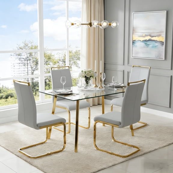StnTalk 51" Glass Dining Table Set for 4, Luxury Rectangle Tempered Glass Kitchen Table with 4 Light Gray PU Leather Chairs, Gold Metal Legs Modern Dining Room Set for Apartment & Home