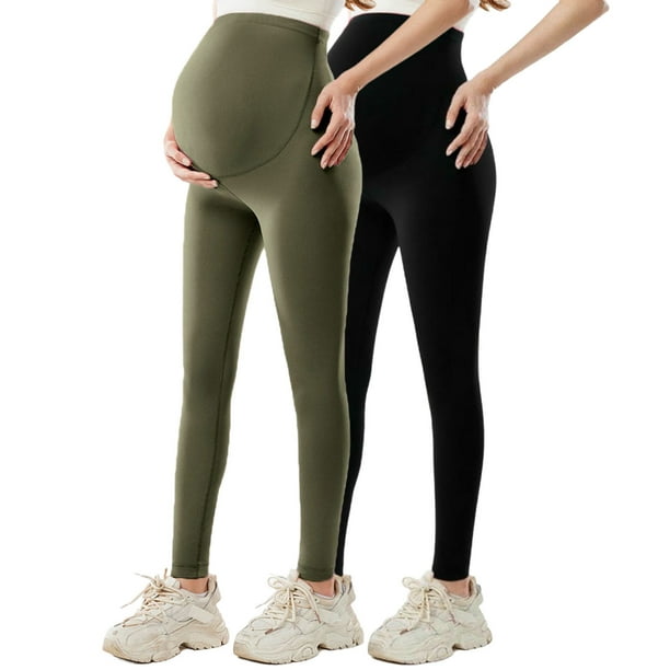 Amzcrzy 2PC Leggings premamá color liso por encima de la barriga clásicos largo completo cómodos suaves yoga ejercicio informal S-XL Verde