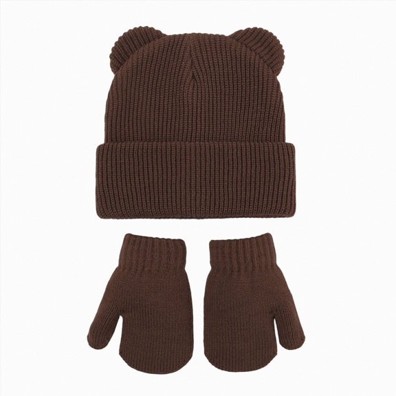 NOLDARES Little Girls Boys Beanie Hat and Glove Set Multicolor Knit Pompom Beanies for Winter Snow Ski Caps(M034-Coffee)