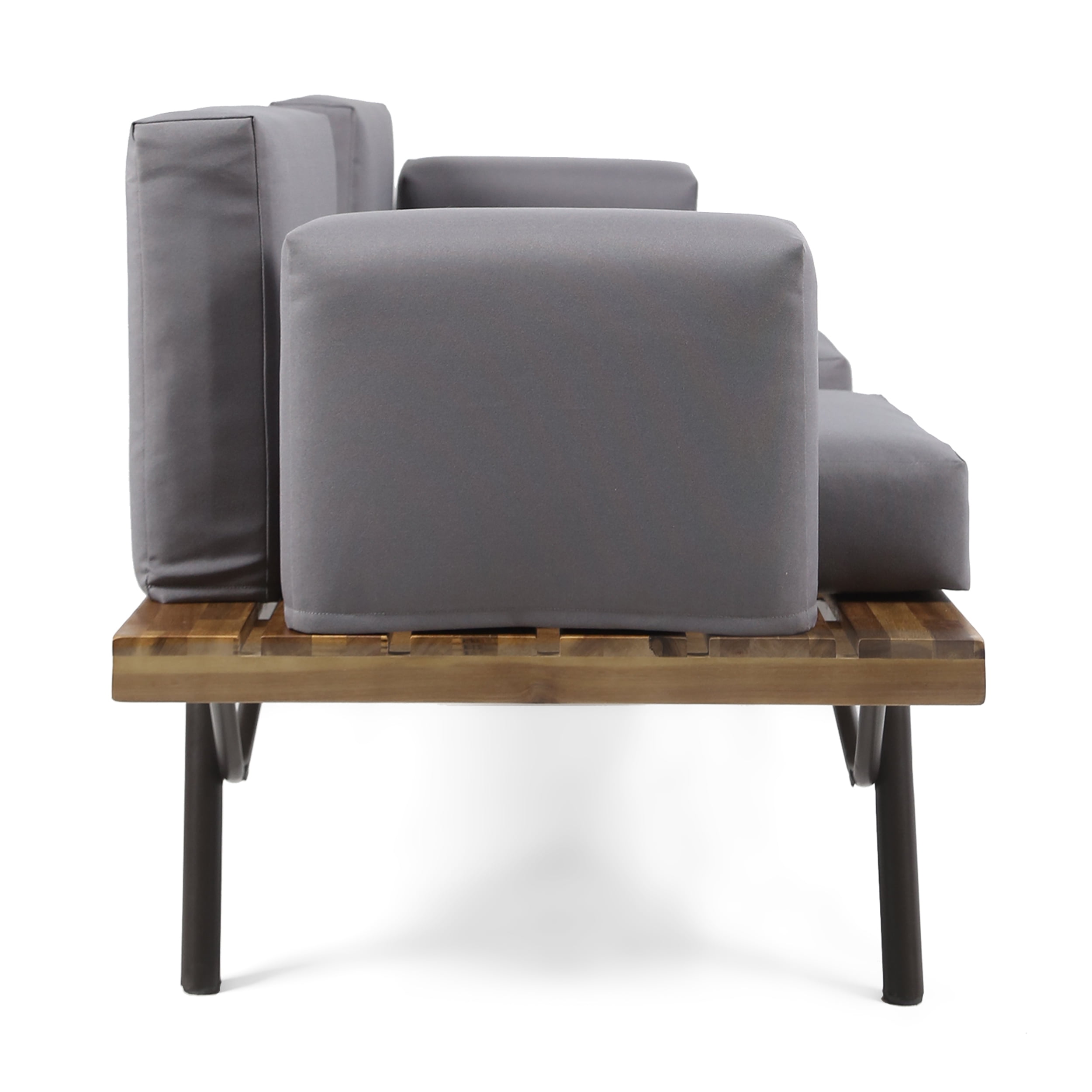 Outdoor 2 Seater Sofa, Acacia Wood Frame with Metal Legs Leisure Couch for Patio Garden, Teak and Dark Gray