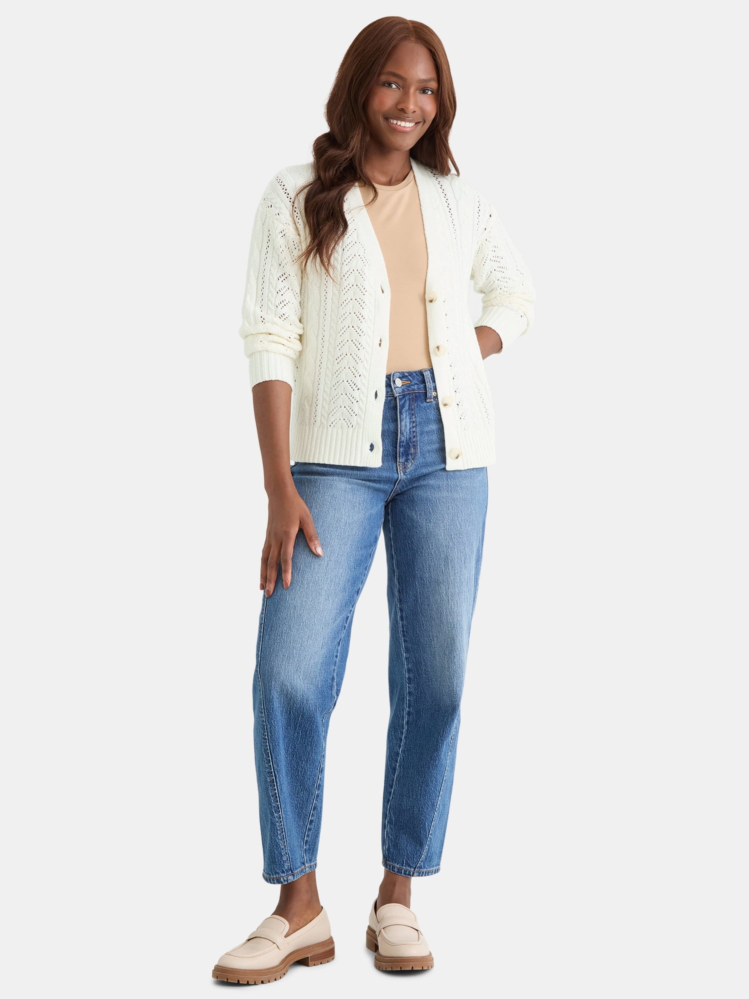Time and Tru Women's and Women's Plus Cable Knit Cardigan Sweater, Lightweight, Sizes XS-4X