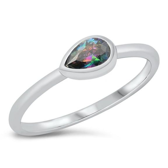 CHOOSE YOUR COLOR Sideways Multi-color CZ Teardrop Ring .925 Sterling Silver Band Black Female Size 4