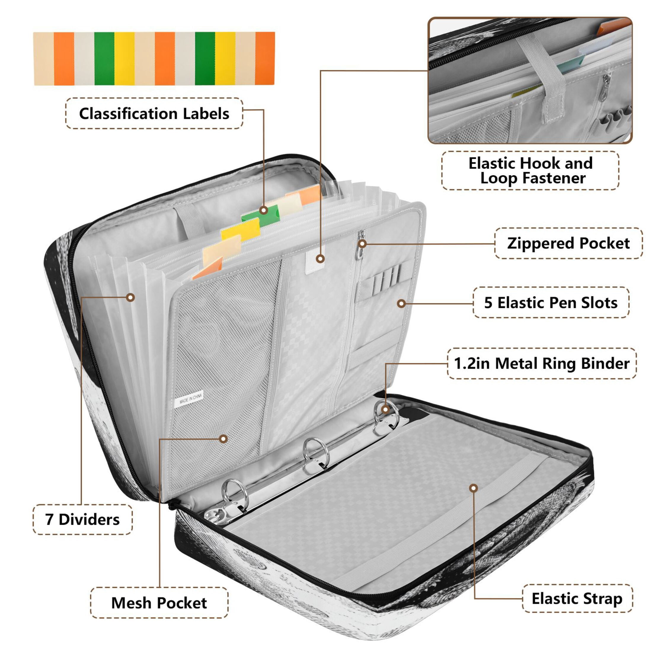 3 Ring Zipper Binder with Accordion File Organizer Waterproof Back to College Binder - 7 Layer Document Organizer for Study Home Office College Travel Supplies A Black Dragon