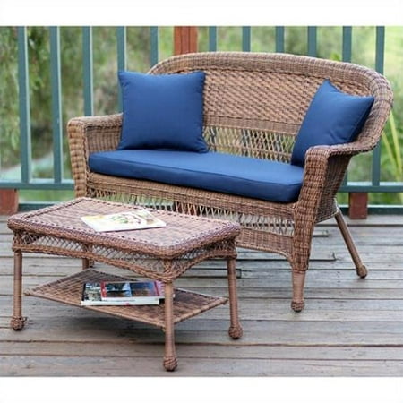 Jeco Wicker Patio Love Seat and Coffee Table Set in Honey with Blue Cushion
