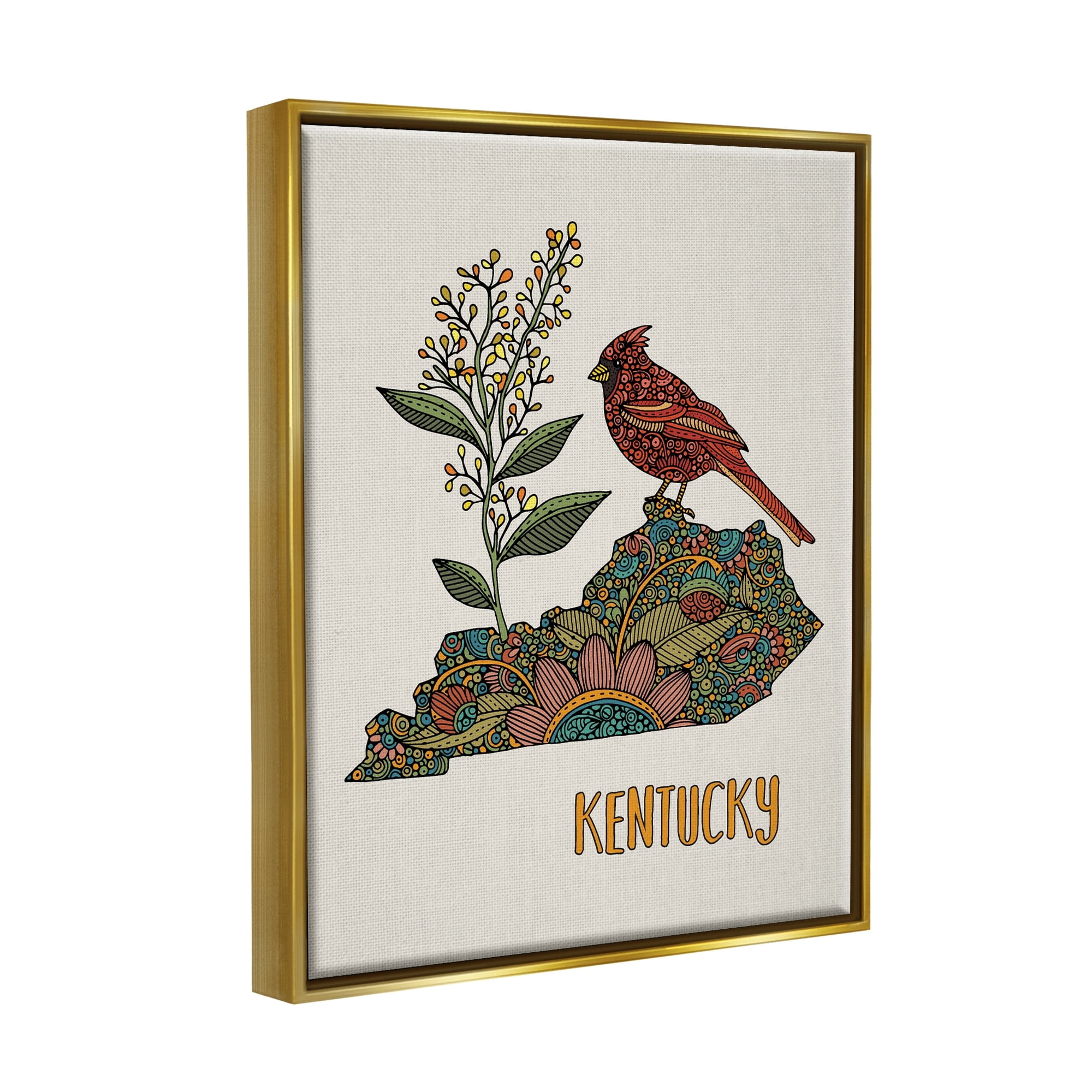 Stupell Industries Kentucky State Cardinal Blooming Goldenrod Flower Pattern Graphic Art Metallic Gold Floating Framed Canvas Print Wall Art, Design by Valentina Harper