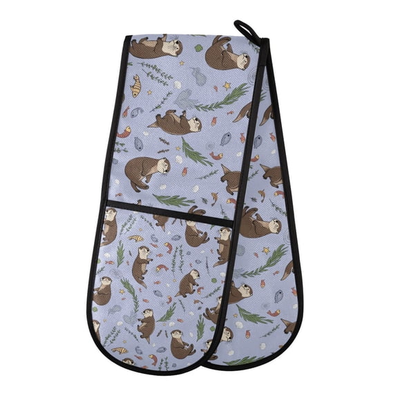 Yayeee Double Oven Mitt Kitchen Heat Resistant Baking 35" x7" Quilted Cotton Glove, Purple Otters Pattern