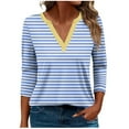 thumbnail image 2 of CLOISE Shirts for Women Fall Fashion Striped Blouses V Neck 3/4 Sleeve Tees Comfy Color Block Basic Tops Y2k Outfits Light Blue XL, 2 of 5