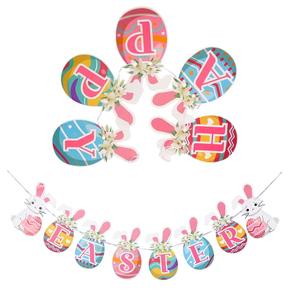 OUNONA Rabbit Bunting Garland Plush Our Happy Easter Banner
