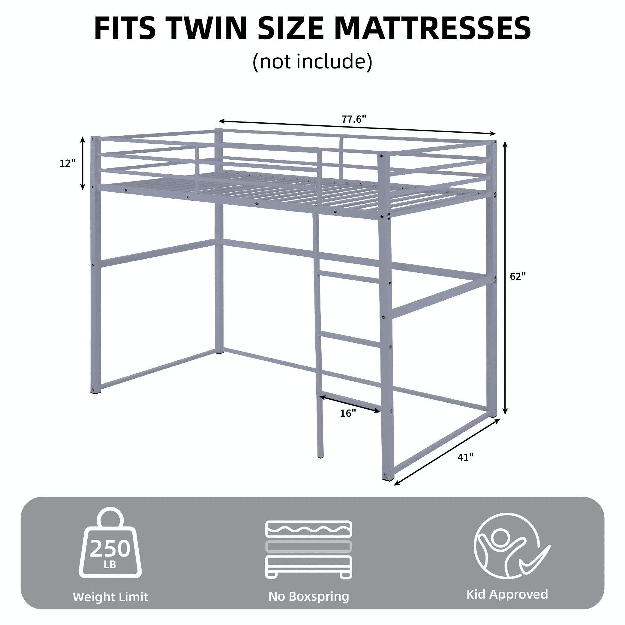 MAYEERTY Twin Size Metal Loft Bed with Safety Guard Rails & Flat Ladder, Bed Frame for Kids Teens Adults, Gray