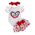 thumbnail image 2 of Aojekbee Baby Girl Baseball Outfit, Letter Print Short Sleeve Romper Layered Ruffle Shorts Bow Headband 3 Piece Set for Summer, 2 of 10