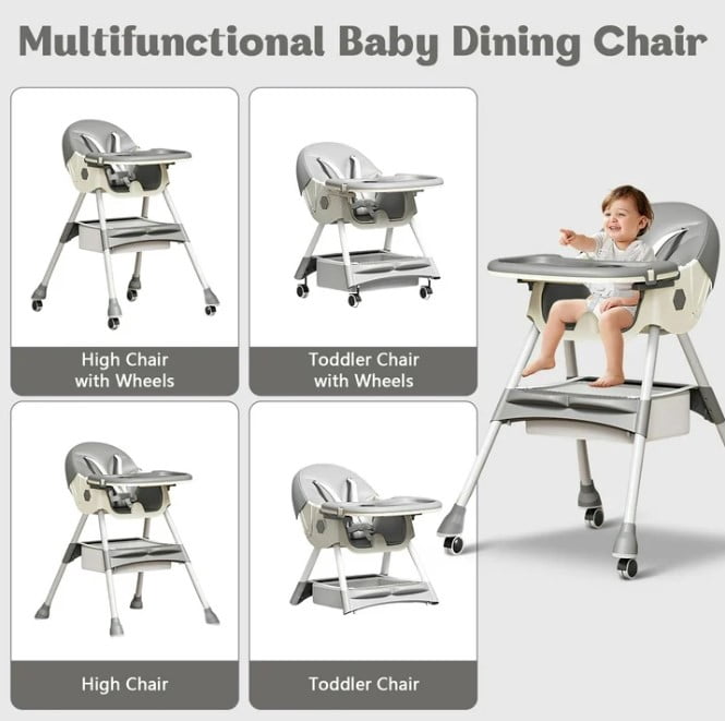 LHUAI, Foldable Baby High Chair, 4 in 1 Convertible High Chairs, With 5-Point Safety Harness, Adjustable Dining Tray & Backrest & Height, Easy To Clean Surface, For Babies And Toddlers, Grey