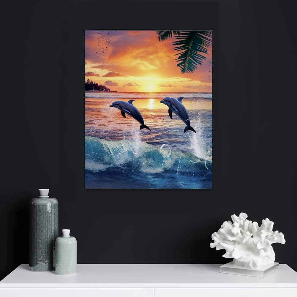 ONETECH Dolphin Bathroom Wall Art Coastal Beach Ocean Pictures Wall Decor Inhale Exhale Bathroom Palm Canvas Prints Framed Modern Painting Artwork for Bedroom Living Room Office