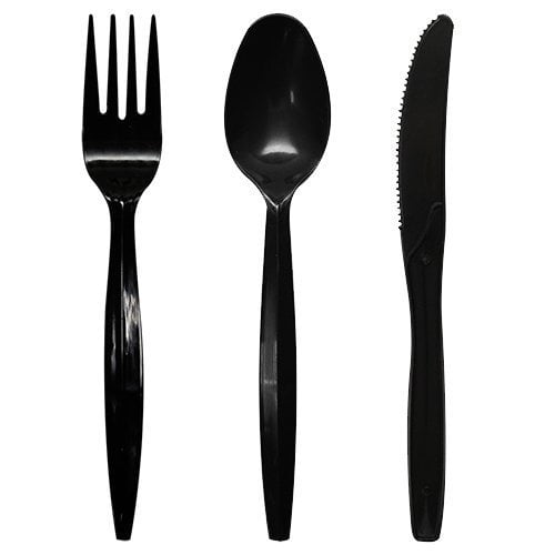 Party Pack Disposable Black Plastic Utensil Sets, Each Set Contains a Fork, Spoon & Knife (48