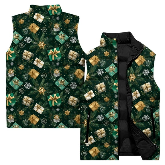 Ladies' Casual Fashion Sleeveless Christmas Printed Cotton Vest Jacket, Dark Green, Size L