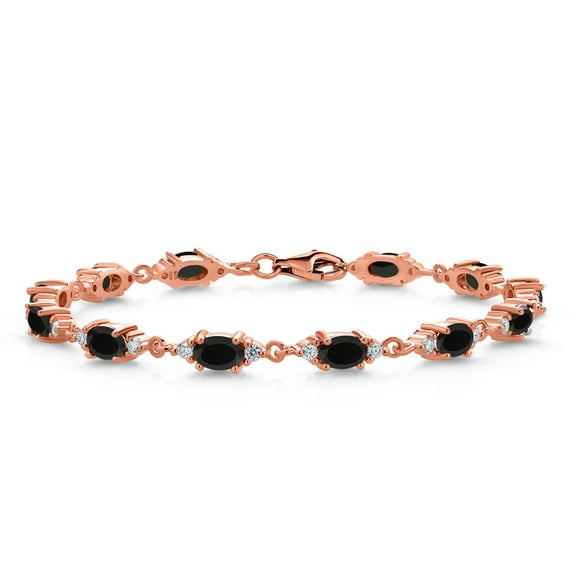 Gem Stone King 18K Rose Gold Plated Silver Black Onyx and White Moissanite Tennis Bracelet for Women (5.71 Cttw, Gemstone Birthstone, Oval 6X4MM, 7.5 inch)
