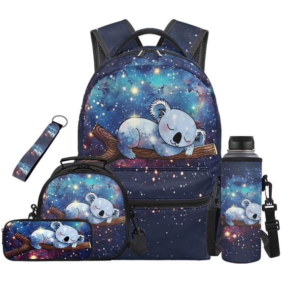 Jeiento Galaxy Koala Backpack for School Boys Girls 5th Grade with Lunch Box Water Bottle Sleeve Pencil Pouch Keychain 5-Piece Set 17 inch Lightweight Bookbag for Kids Age 10-12 Back to School Gifts