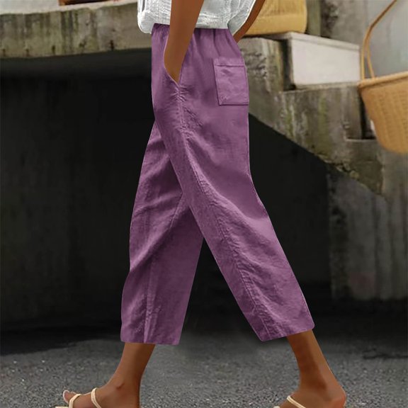 Zysthvn Straight Leg Capris for Women Casual Summer Crop Pants for Women Loose Drawstring Solid with Pockets