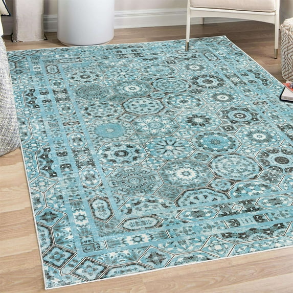 Vintage Decorative Rug, Bohemian Inspired Mandala Look Floral Ornaments in Octagon Cells Pattern, Quality Carpet for Bedroom Dorm and Living Room, 6 Sizes, Pale Blue, by Ambesonne