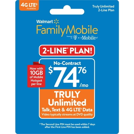 Walmart Family Mobile $74.76 TRULY Unlimited 2-line Plan w 5GB of Mobile Hotspot per line (Email