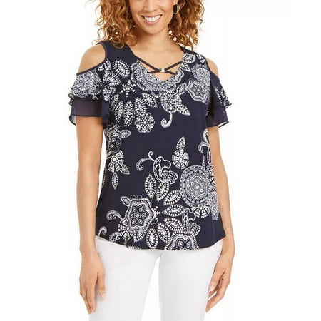 JM Collection Women's Floral-Print Cold-Shoulder Top Blue Size X-Large