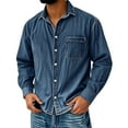 thumbnail image 2 of Wutalume Men's Casual Solid Color Denim Shirt, Distressed Washed Retro Workwear Style, Long Sleeve American Heritage Top for Everyday Wear,Dark Blue 3XL, 2 of 3