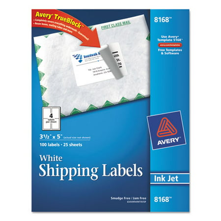 Avery Shipping Labels with TrueBlock Technology, Inkjet, 3 1/2 x 5, White, 100/Pack