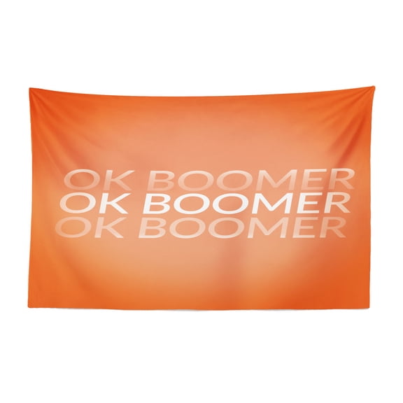 OK Boomer Tapestry, Whimsical Cool with Sunglasses Meme Text Funny Fashion, Fabric Wall Hanging Decor for Bedroom Living Room Dorm, 2 Sizes, Dark Grey Yellow and Orange, by Ambesonne