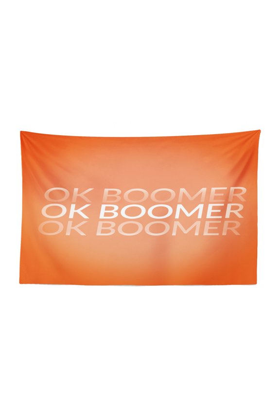OK Boomer Tapestry, Whimsical Cool with Sunglasses Meme Text Funny Fashion, Fabric Wall Hanging Decor for Bedroom Living Room Dorm, 2 Sizes, Dark Grey Yellow and Orange, by Ambesonne