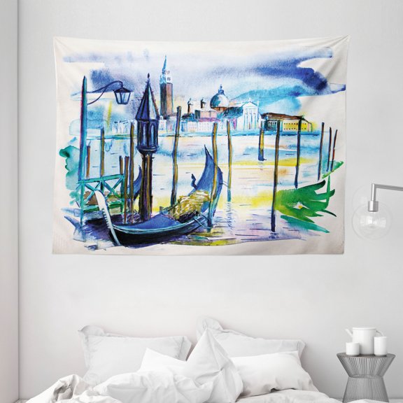 Landscape Tapestry, A View with Boat in Venice Italy Landmark Seascape Scenic Watercolor Paint, Wall Hanging for Bedroom Living Room Dorm Decor, 80W X 60L Inches, Blue Purple Green, by Ambesonne