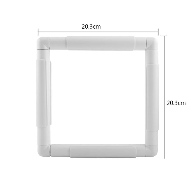 Qiilu Square Rectangle Plastic Clip Frame for embroidery, cross-stitch, quilting, and needlepoint. Ideal for arts and crafts projects, made of durable white polypropylene tubing with ribbed clamps for secure fabric tension. Dimensions: 20.3cm x 20.3cm.
