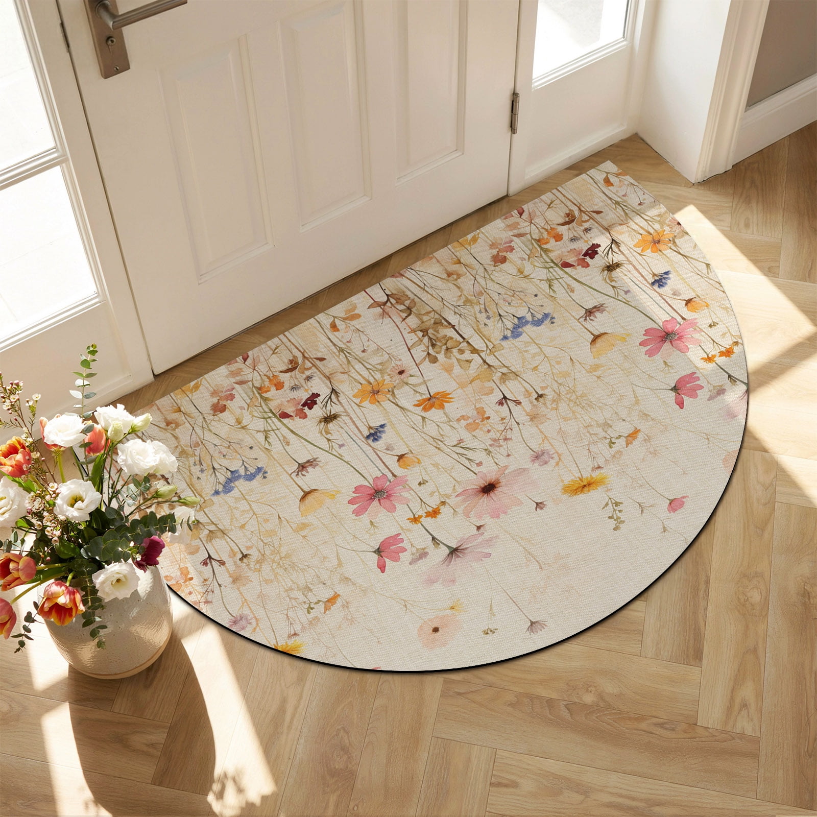 Indoor Doormat Front Door Mat 20 x31.5 Pastoral Vintage Botanical Absorbent & Non-Slip Half Circle Doormat Indoor Entrance Low-Profile Welcome Mat for Entryway Patio Spring Summer Floral
