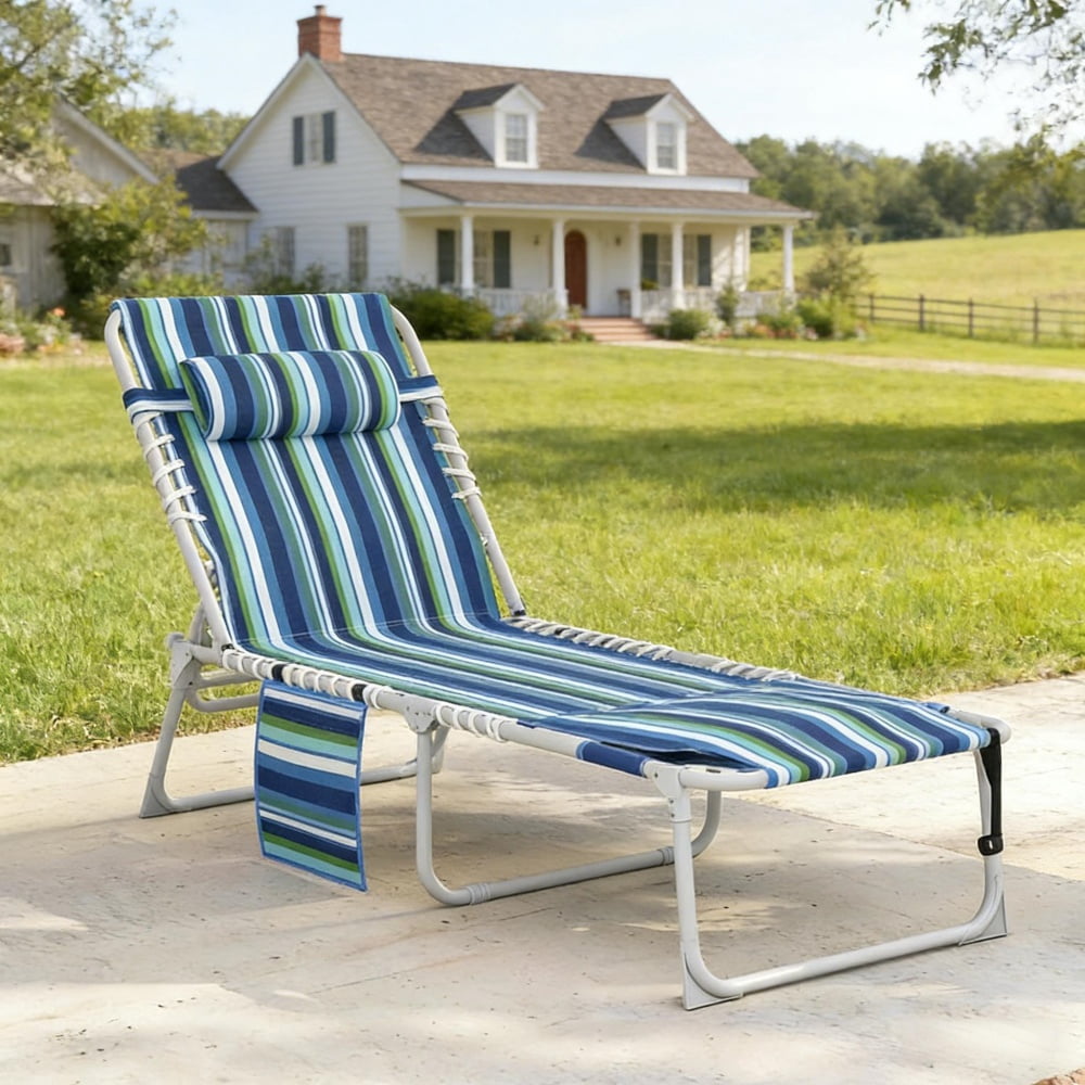 2-Piece Outdoor Lounge Chair with Side Table & Side Pocket 5-Position Adjustable Backrest Face & Arm Holes Folding Beach Pool Lounger 600D Oxford Fabric Carry Strap for Patio Beach Poolside