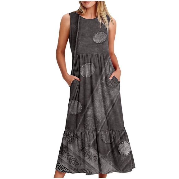 Boho Maxi Dress for Women Summer Cotton Printed Crew Neck Sleeveless Dresses Tunic Tank Dress with Pockets Bohemian Oversized Sundress Gray M
