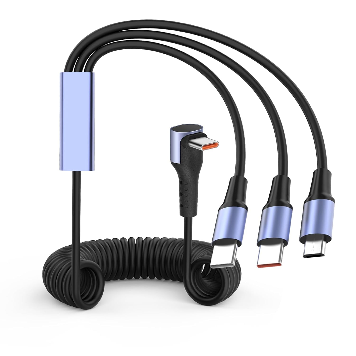 HRTGFD-66W 90 Degree USB C Retractable Spring Splitter Cable with Micro-USB+Type C Connector for Phone,PC,Android,Coiled Multi USB Charging Cable,6A Fast Charging Cord (2 Type C+Mirco USB)