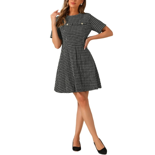 Vestido skater elegante de tweed de manga corta y cuello redondo para mujer INSPIRE CHIC XL en blanco y negro