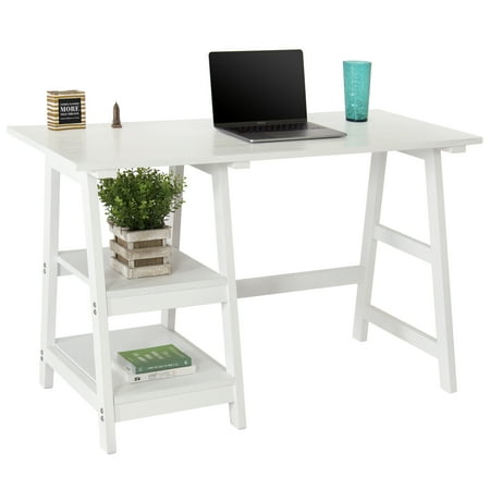 White Modern Computer Desk Best Choice Products Wooden Modern Computer Writing Trestle Desk for Home, Office, Study, White ()