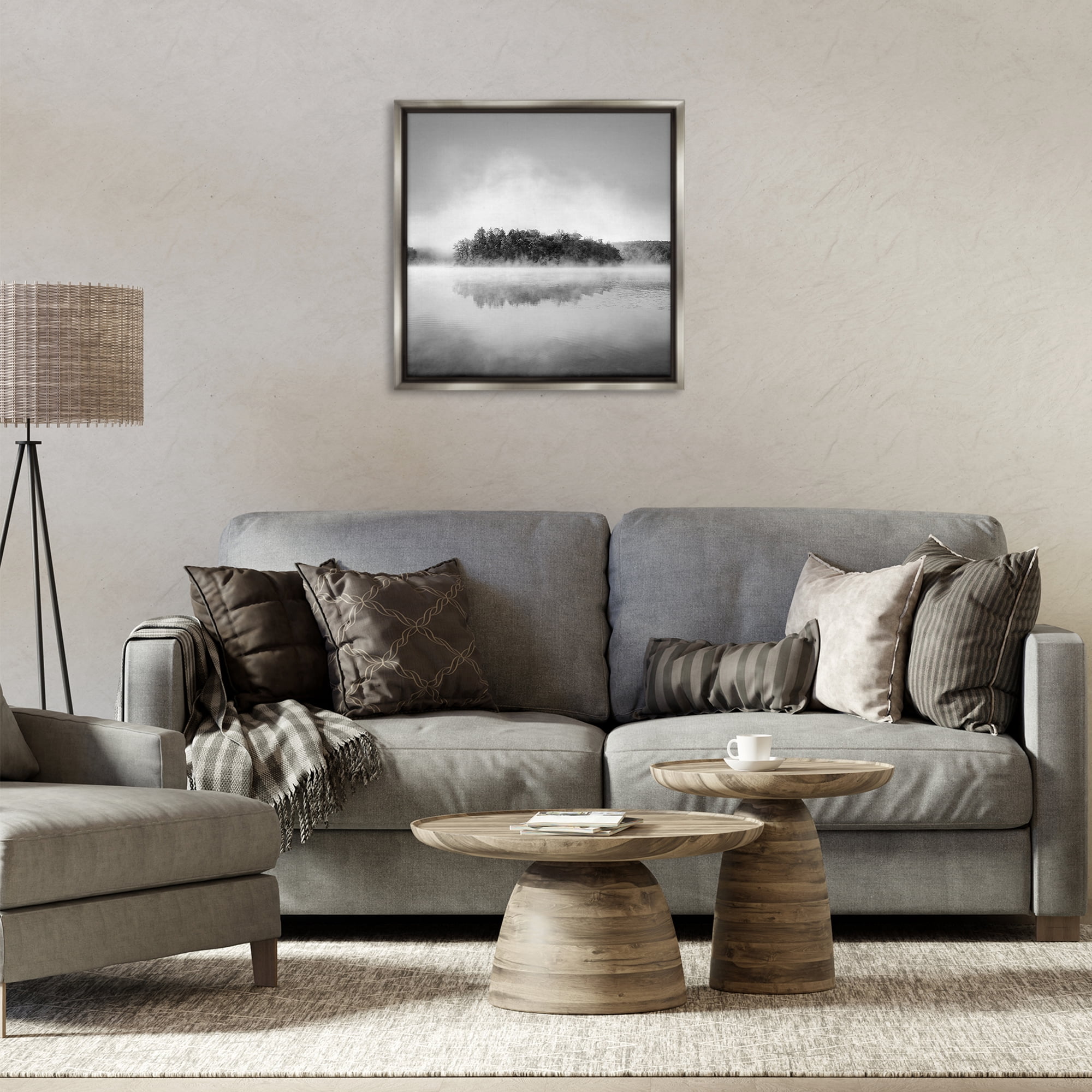 Stupell Industries Lake with Distant Island Landscape & Nature Photography Gray Floater Framed Canvas Art Print Wall Art, 25 x 25