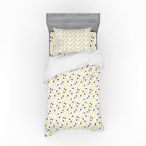 Spring Duvet Cover Set, Retro Style Seasonal Design with Contrast Color Little Blossoms, Bedding Set with Shams and Fitted Sheet, 3 Sizes, by Ambesonne