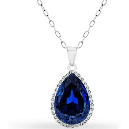 A Sapphire 18kt White Gold-Plated Sterling Silver Halo Pear Pendant